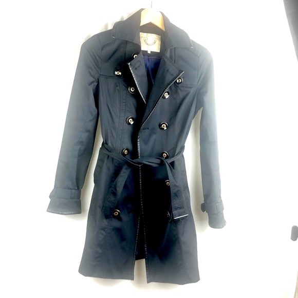 RW&CO  black trench coat fully lined with faux Leather trim - Picture 2 of 9